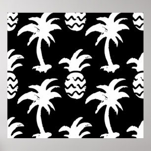 Póster Esbozar palmeras, piñas, patrón monocromo.
