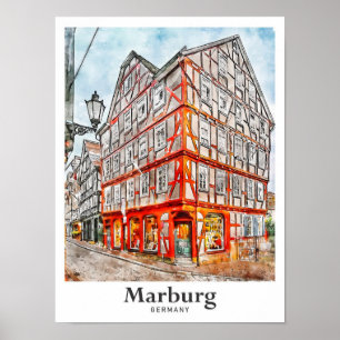 Póster Esbozo acuático de viaje de Marburg Alemania