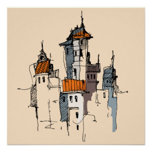 Póster Esbozo de aldea italiana