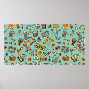 Póster Esbozo de instrumentos musicales, patrón ininterru