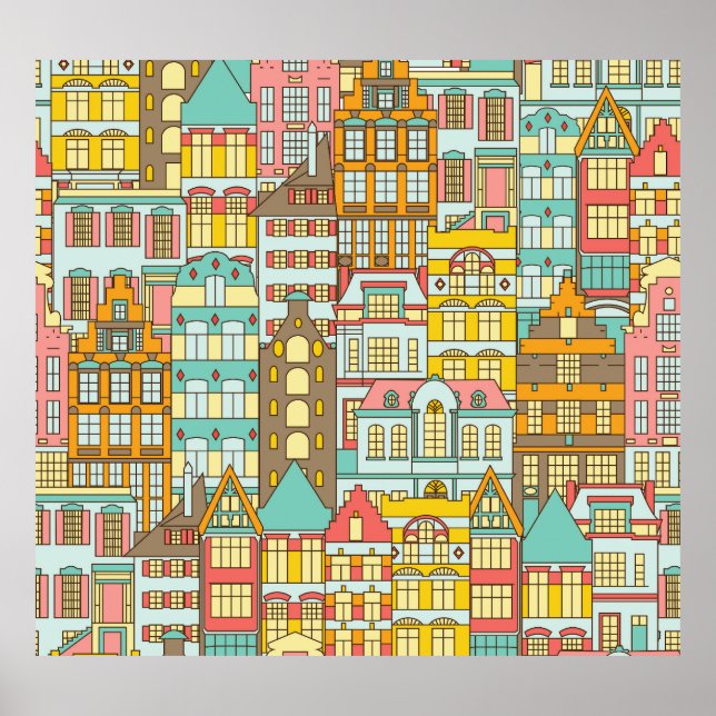 Póster Esbozo de la ciudad Panorama: Casas impecables. (Frente)