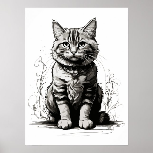 Póster Esbozo de lápiz de gato corto (Frente)