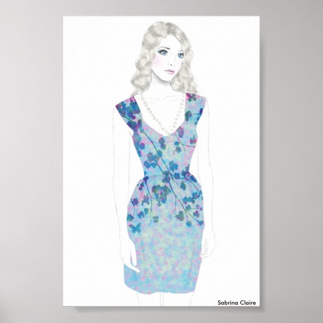 Póster Esbozo de moda - Vestido acuarela floral (Frente)