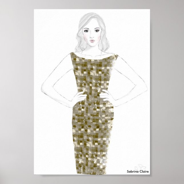 Póster Esbozo de moda - Vestido dorado (Frente)