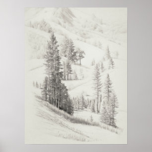 Póster Esbozo de montaña y árboles alpinos, grabado vinta