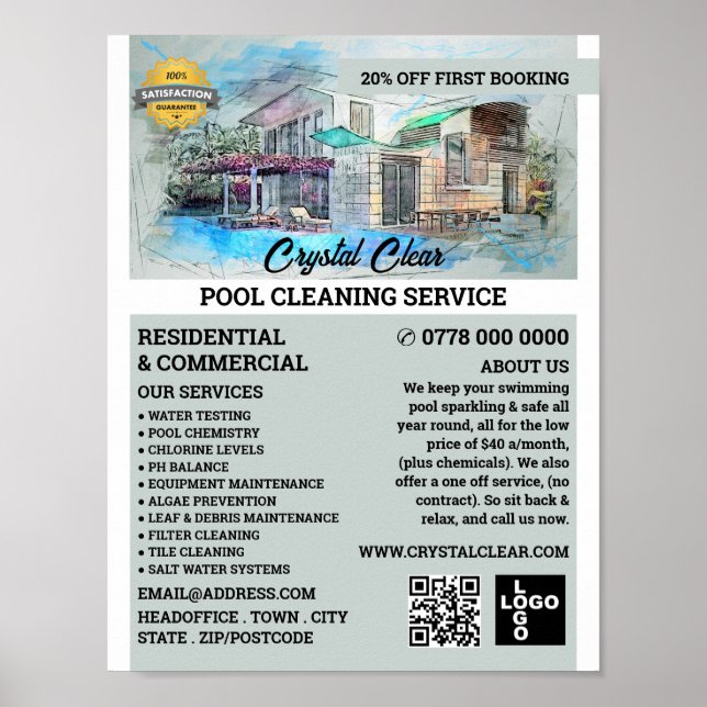 Póster Esbozo de piscina de la casa, limpieza de piscina (Frente)