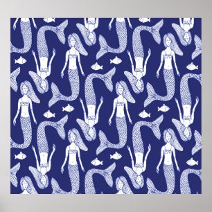 Póster Esbozo de sirena: Patrón de peces de época.