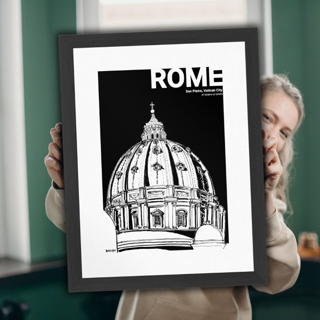 Póster Esbozo de viaje de Roma Ciudad del Vaticano San Pe (St. Peter's Rome Black White Sketch Mate Post Poster)
