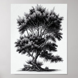 Póster Esbozo detallado de árbol blanco y negro