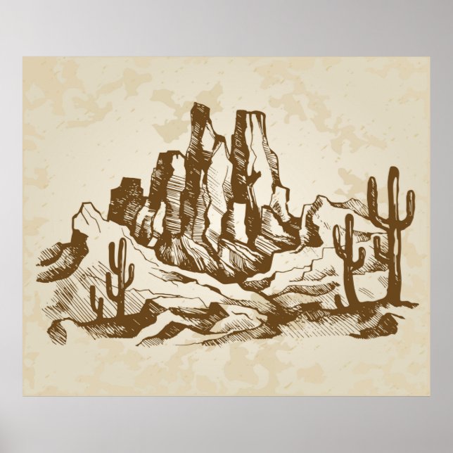 Póster Esbozo dibujado a mano. Paisaje típico del desiert (Frente)