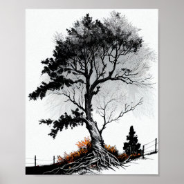 Póster Esbozo Moderno De Árbol Blanco Y Negro Para Casa