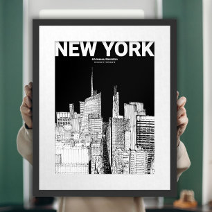 Póster Esbozo moderno de viajes en línea NYC en blanco y 