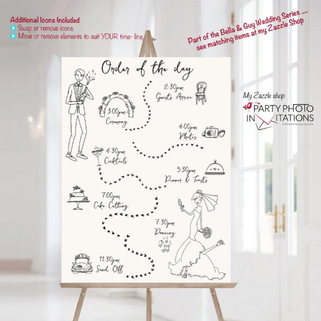 Póster Escala de tiempo del Boda retro Scribbl dibujado a (Bella and Guy Hand drawn scribble Wedding Time line)