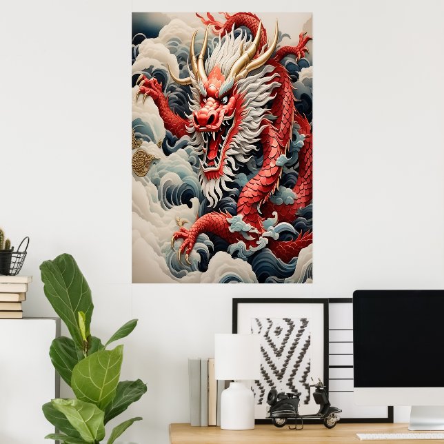 Póster Escala roja y blanca del dragón respirador de fueg (Oficina en casa)