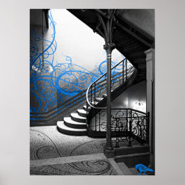 Póster Escalera Art Deco en blanco y negro con azul