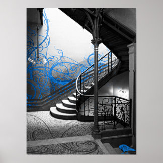 Póster Escalera Art Deco en blanco y negro con azul