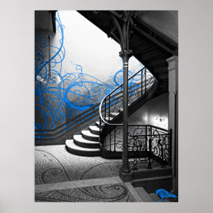 Póster Escalera blanco y negro del art déco con el azul