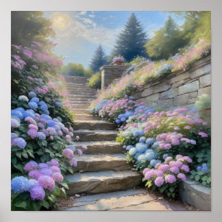 Póster Escalera de jardín de piedra con hortensias románt