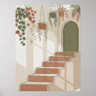 Póster Escaleras de terracota boho del desierto y plantas