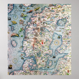 Póster Escandinavia, detalles de Carta Marina