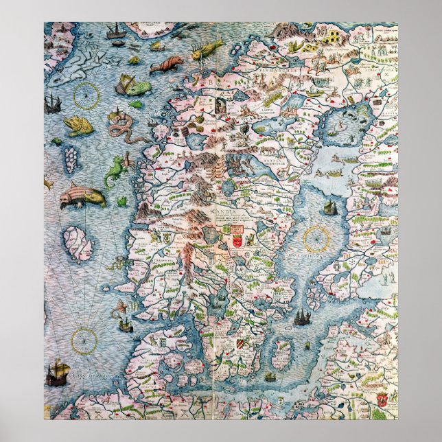 Póster Escandinavia, detalles de Carta Marina (Frente)