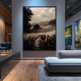 Póster Escapar del campo vintage, paisaje rural sereno