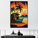 Póster Escape a las cabanas de playa de Coral Reef en Fiy<br><div class="desc">Sunset Paradise es una isla tropical artística y colorida, una verdadera escapada del ajetreo diario. El estilo Art Deco pop de las cabañas de la playa, rodeado de palmeras y cocoteros, es el escenario ideal para el descanso y la aventura. La barrera de coral y su variada vida marina son...</div>