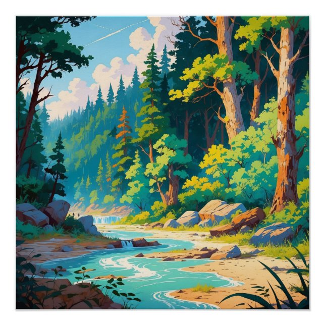 Póster Escape del río de montaña - Paisaje forestal tranq (Anverso)