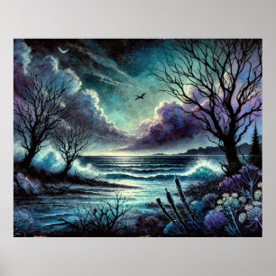 Póster Escape místico iluminado por luna con olas y árbol