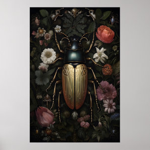 Póster Escarabajo Dorado En Jardín De Flores Oscuras, Ins