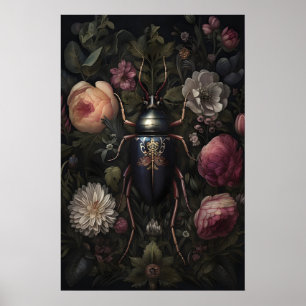 Póster Escarabajo Negro En Jardín De Flores Oscuras, Inse