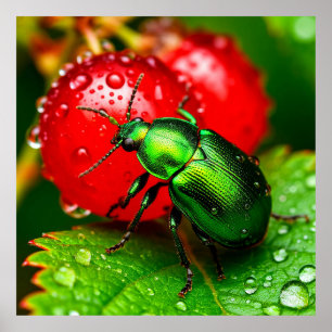 Póster Escarabajo verde en hoja junto a bayas rojas cubie
