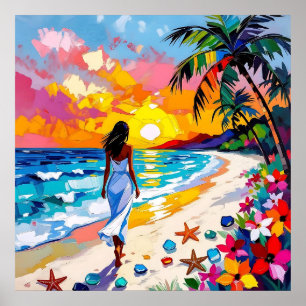 Póster Escena abstracta de playa con puesta de sol vibran