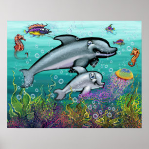 Póster Escena acuática de fantasía con delfines