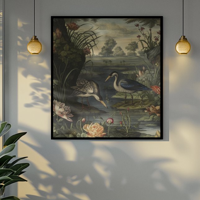 Póster Escena botánica de grúas azules a orillas de un rí (Subido por el creador)