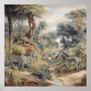 Póster Escena botánica de las cebras en un oasis