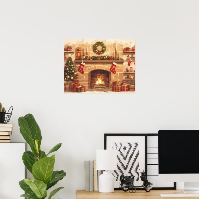 Póster Escena cálida de chimenea de Navidad (Oficina en casa)