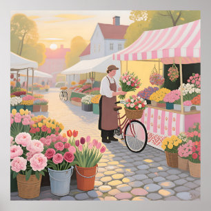 Póster Escena callejera de la calle de las flores soleada
