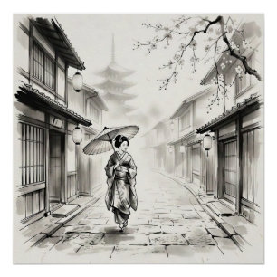 Póster Escena callejera de lavado de tinta Gion de Kioto
