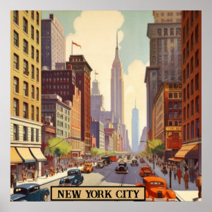 Póster Escena callejera retro del Empire State Building e