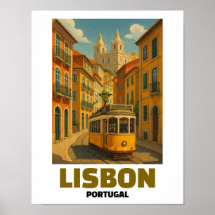 Póster Escena callejera retro del tranvía vintage Lisboa