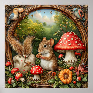 Póster Escena caprichosa de la naturaleza con ratón, cham