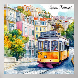 Póster Escena Colorida del Tranvía Antiguo de Lisboa Port