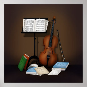 Póster Escena con violonchelo y atril de música