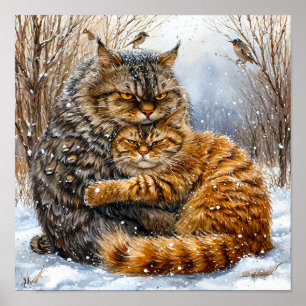 Póster Escena conmovedora de gatos callejeros en la nieve