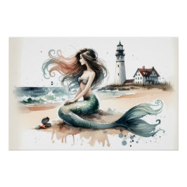 Póster Escena costera de acuarela del faro de la sirena