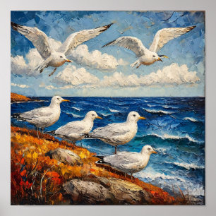 Póster Escena Costera del Mar Oceánico de Gaviota Natural