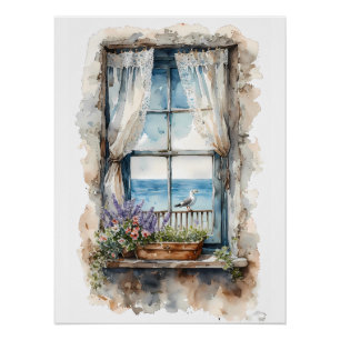 Póster Escena costera en acuarela vista de ventana junto