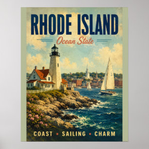 Póster Escena costera vintage del estado oceánico de Rhod
