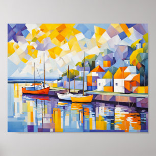 Póster Escena cubista en el puerto con barcos